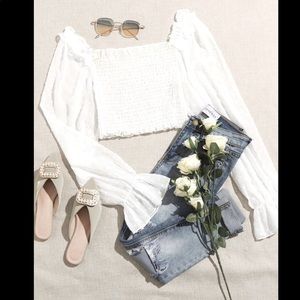 Solid Dobby Mesh Shirred Crop Top